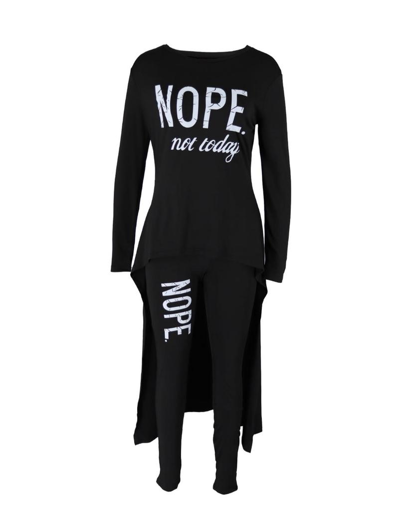Product Introduction of Women's Letter Print High Low Hem Tee & Pants Two-piece Set, Casual Round Neck Long Sleeve Top & Trousers Two-Piece Set for Spring & Fall, Women's Clothes for Daily Wear 3