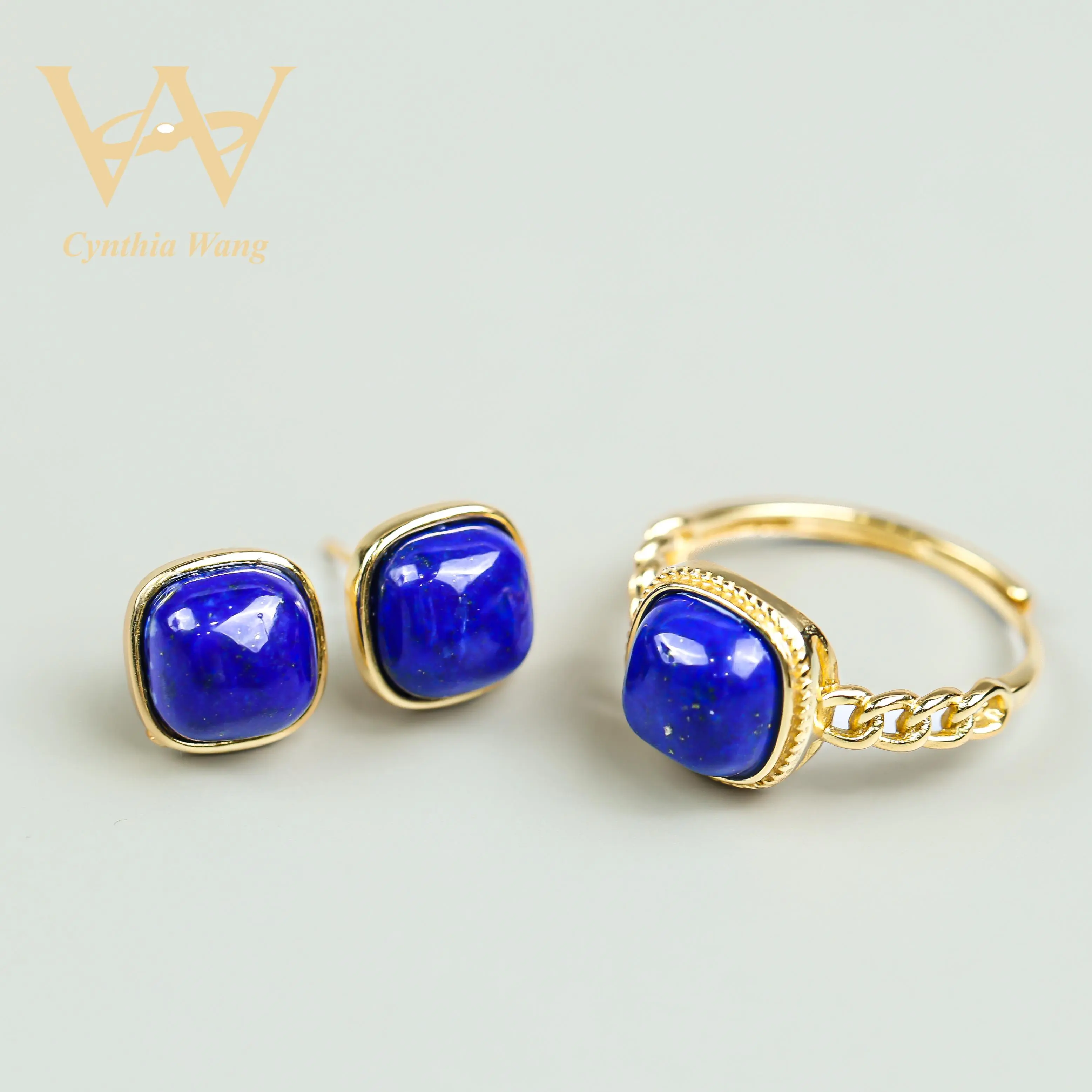 【#502】Cynthia Wang 'Historical Memory' Adjustable Ring & Ear Studs Earrings Jewelry Set 8mm LL