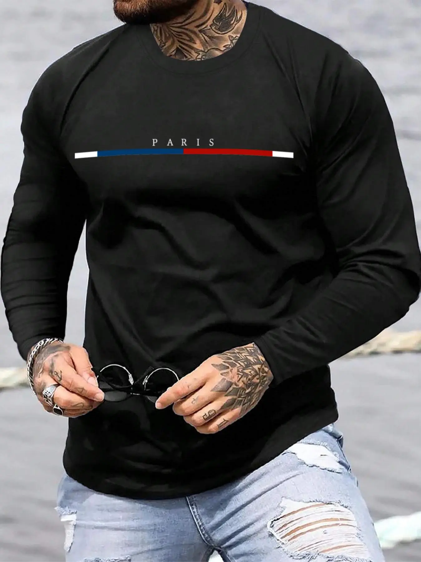 Men's PARIS Letter & Geometric Print Round Neck Long Sleeve Tee, Regular Fit Casual Comfy Crew Neck T-shirt for Spring, Fashion Men's Top for Daily Wear