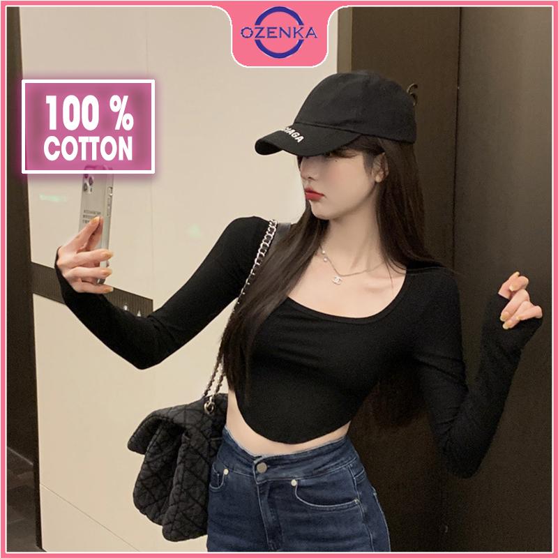 Áo croptop vạt bầu cổ vuông tay dài nữ OZENKA crt ôm body thun gân đẹp 100% cotton mềm mịn mát đen trắng Shirt Jean Sơ Mi Voi Women Voi Women