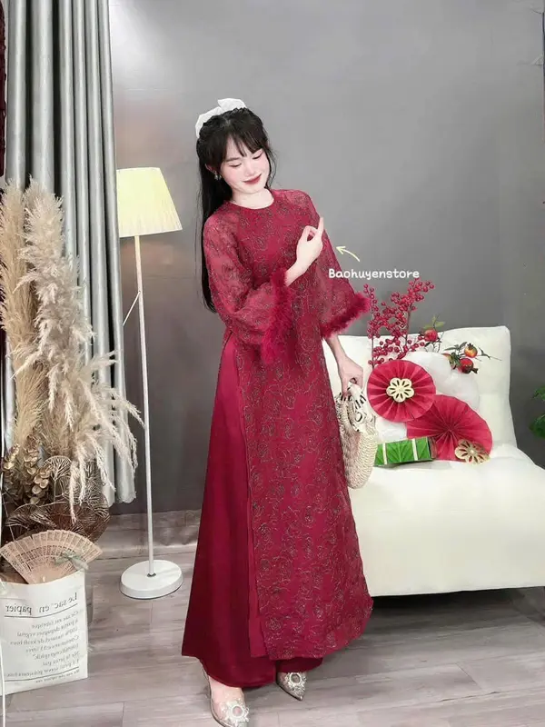 Áo dài Von tơ thêu phối tay nông cách tân hot trend chụp anh đi chơi du xuân 2025 Nữ Women Dress Cổ Tròn Voan 2