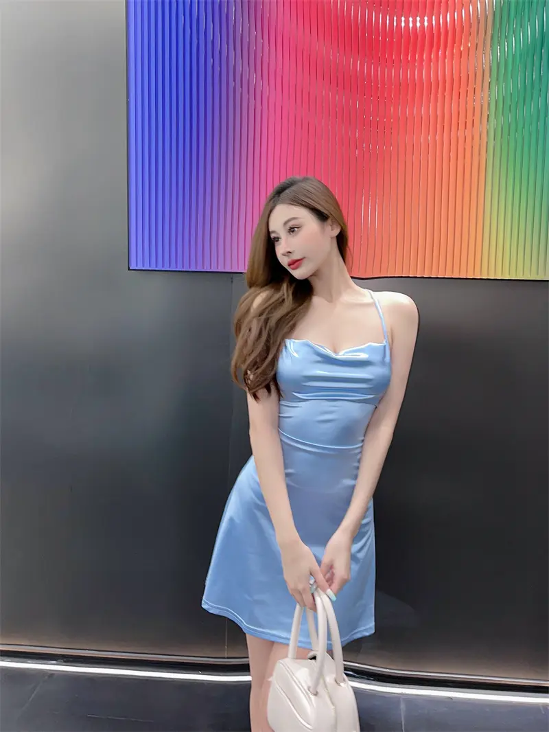 Korean Style Blue Lace up Sexy Hanging Neck Open Back Strap Dress Women's  Summer New Style Party Style Slim Fit Short Skirt Holiday A-Line Casual -  TikTok Shop Philippines