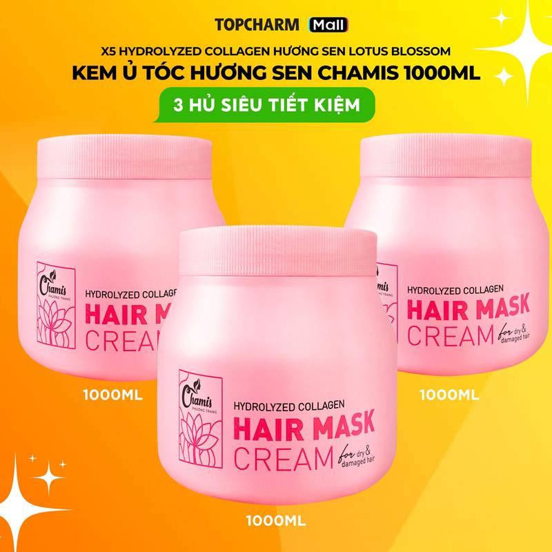 Kem ủ tóc Collagen bóng mượt CHAMIS 1000ml Giúp Tóc Bóng Mượt và lưu Hương Hoa Sen đến 24 Giờ