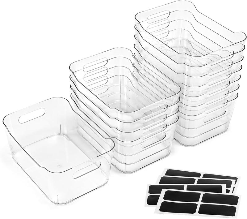 TikTok Shop 12 PACK Multi Use Clear Plastic Storage Bins for Organizing w Labels Home Kitchen Bathroom Office Pantry Cabinet Shelf Organizer Bins SOHO Collection RV Fridge Organization Containers