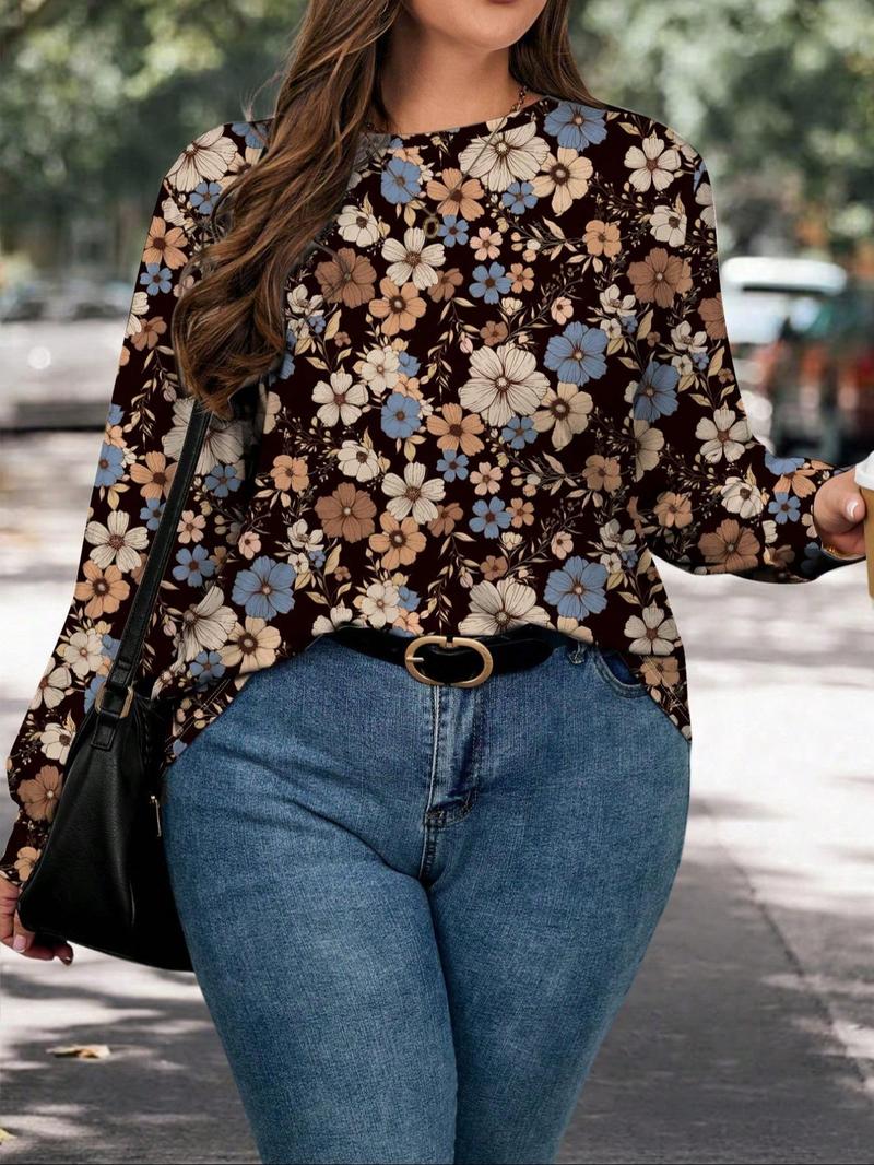 Product Introduction of 【Plus Size】 Floral Print Round Neck Tee, Casual Long Sleeve T-shirt for Daily Wear, Women Plus Clothing for Spring 6