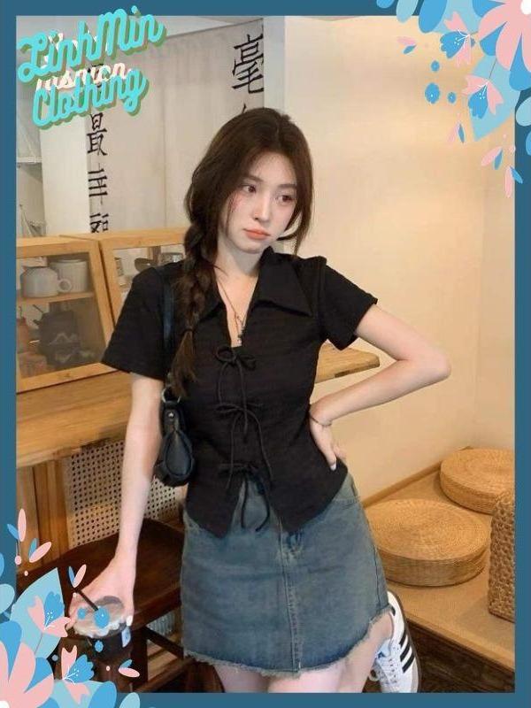áo Brandy coquette nữ form baby tee xᶖnh áo kiểu nữ cổ polo buộc dây LinhMin A334