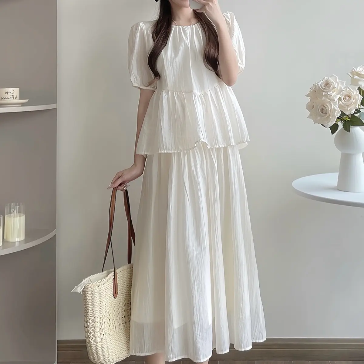 Sét Áo Bầu Cộc Tay Gồm Áo Và Chân Váy Chất Liệu Vải Tằm  Nhăn Thiết Kê 2Lớp Dành Cho Các Mom Váy Bầu