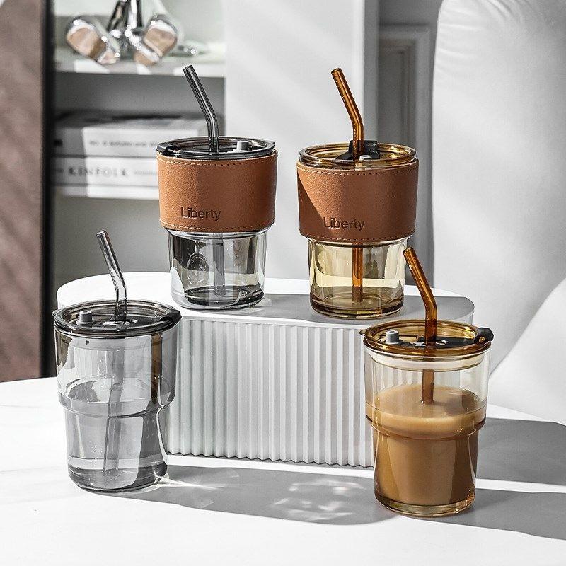 450ml Straw Glass Cup Coffee Mug With Cover Double Wall Glas - TikTok ...