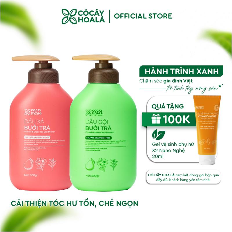 Combo Dầu Gội Xả Bưởi Trà 500g Cỏ Cây Hoa Lá, Hỗ Trợ Dưỡng Tóc Chắc Khỏe Mềm Mượt Tự Nhiên, Tặng Dung Dịch Vệ Sinh X2 Nano Nghệ 20ml