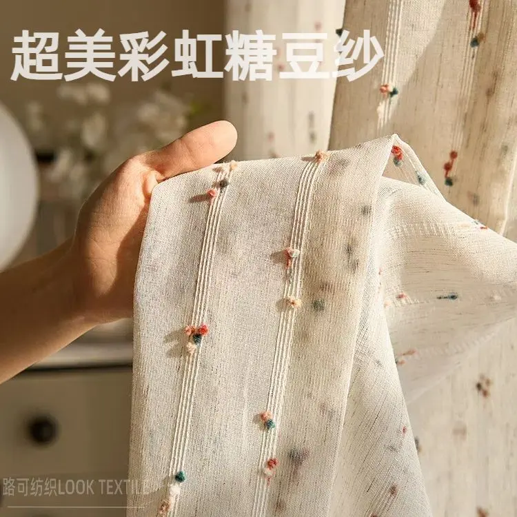Vintage Japanese Style Rainbow Candy Bean Sheer Curtain Pastoral Light-Filtering French Linen Floral Artistic Fresh Window Curtain Bedroom Sheer