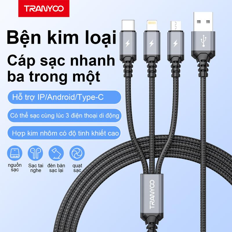 [TRANYOO] Cáp Sạc Nhanh 3 Đầu XS6 3IN1 sạc nhanh 2.1A siêu bền thiết kế chống gập dài 1M2 Phụ Kiện Usb Sạc Điện Thoại Vietnam Multicoloured Cables Chargers & Adapters caps a c sieu ben Type C