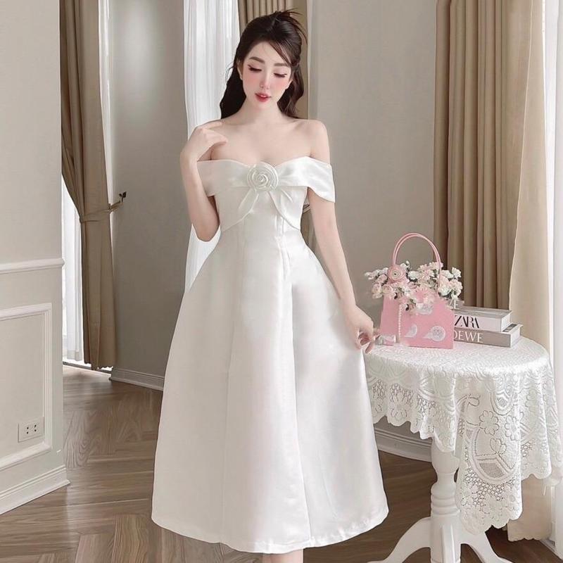 Lyra VTT083 - Đầm tafta trễ vai hoa hồng dáng dài quyến rũ đi chơi đi tiệc
