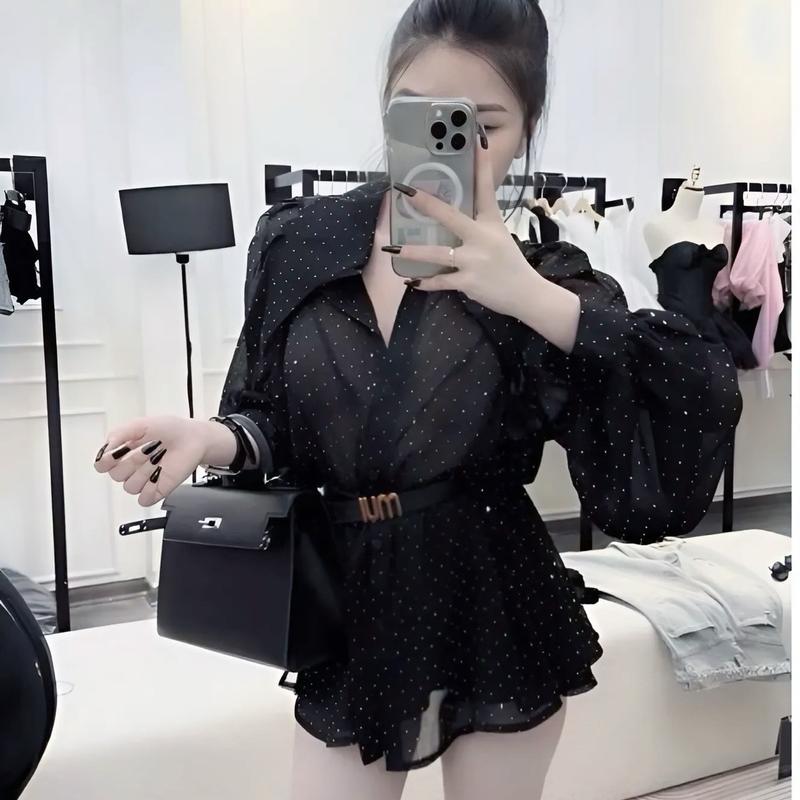 Áo sơ mi voan đá sáng rộng kèm dây đai Nữ Women Voi Top Kem 3