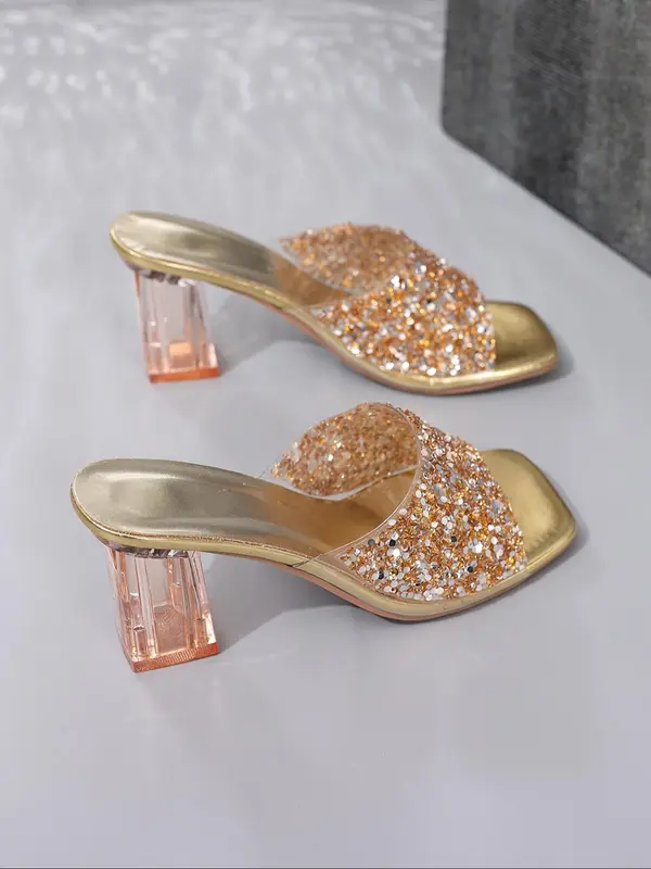 Women's Fashionable Glittering Chain Decorated Heeled Sandals, Elegant Square Toe Slip on Sandals for Summer, Lightweight Breathable Comfortable Shoes for Daily Wear, Girl 2