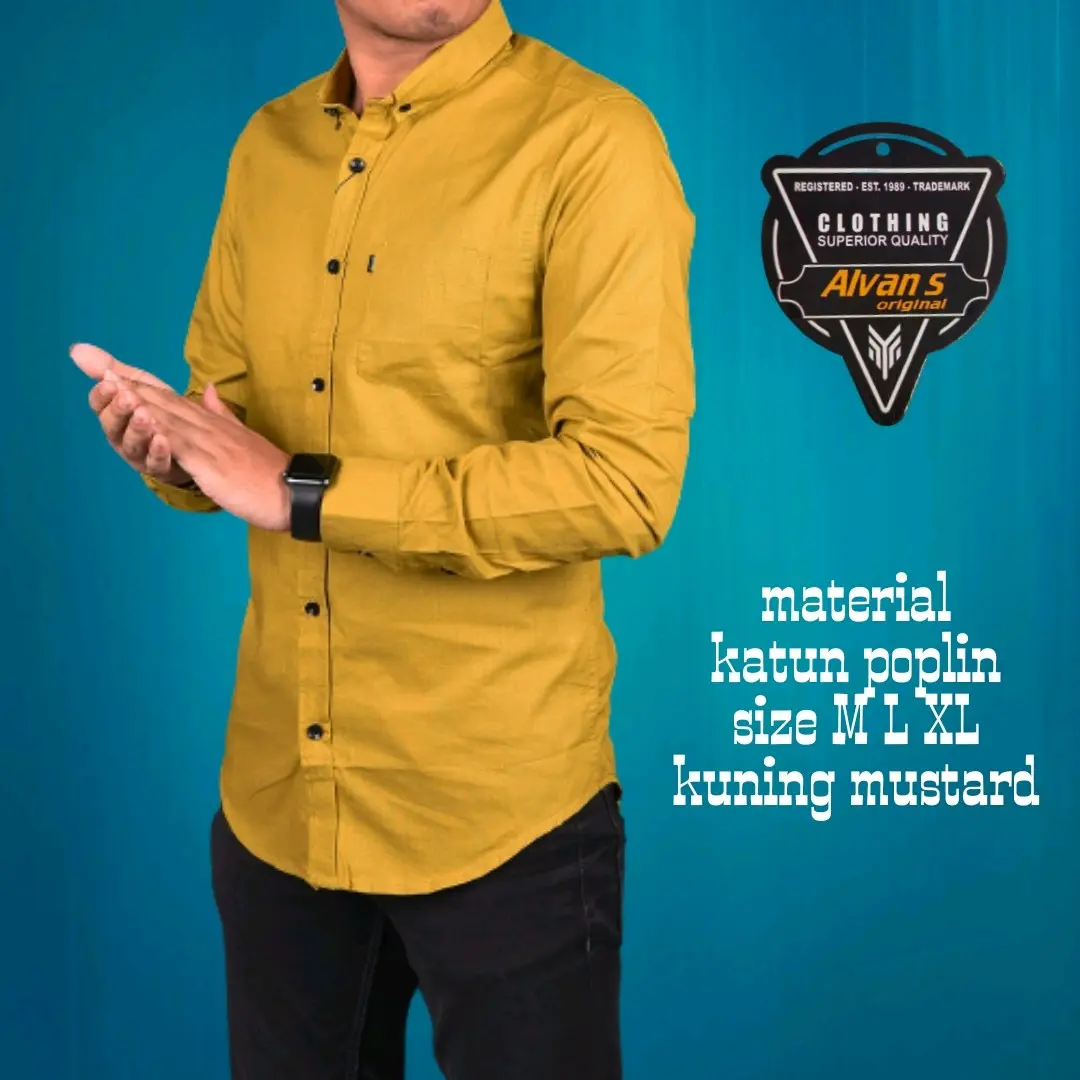 kemeja polos panjang kuning kunyit pria Katun Katun Santai V-Neck Slim-fitting Polos Slimfit Baju Kancing