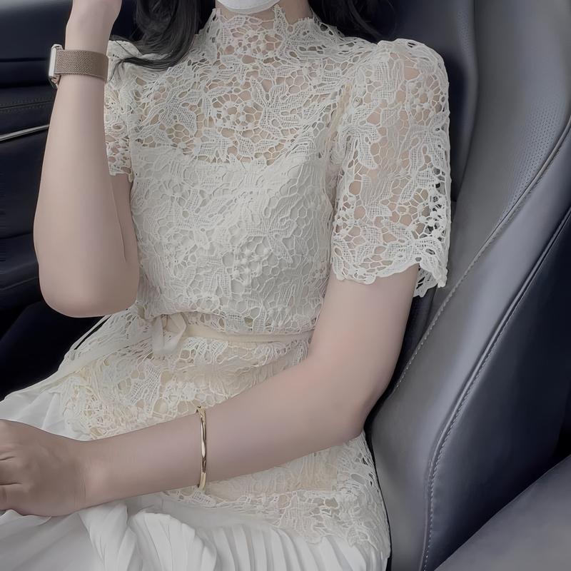 Áo nữ Cộc Ren hàng thiết kế dáng peplum vải ren nho mềm mại có lót trong thân áo và đi kèm dây đai, áo màu Kem