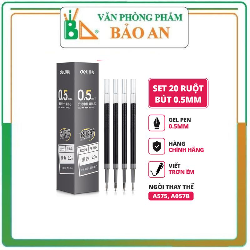 Combo 20 ruột bút gel đen S221 Deli 0.5mm dùng cho bút bi nước A575 không gai viết trơn tru phù hợp học sinh văn phòng