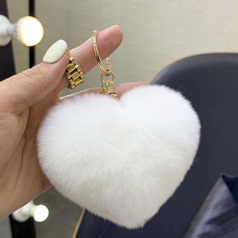 Product Introduction of 【COD】 Love Heart Fur Ball Keychain Peach Heart Plush Car Ornaments Couple Heart Shaped Pendant 24