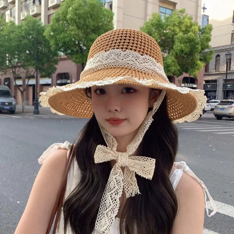 【MIAN】Mũ Cói Đi Biển Rộng Vành Phối Ren Xinh Xắn Cho Nữ Gấp Gọn Tiện Lợi Không Bị Mất Form 1