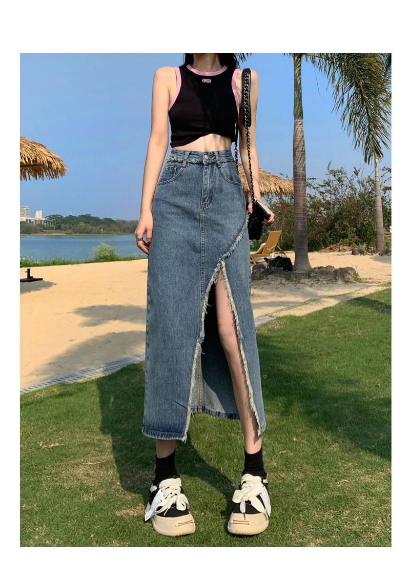 Product Introduction of Tassel denim mid-length spring and autumn 2023 new style raw edge high waist slimming fashionable all-match trendy long skirt 9