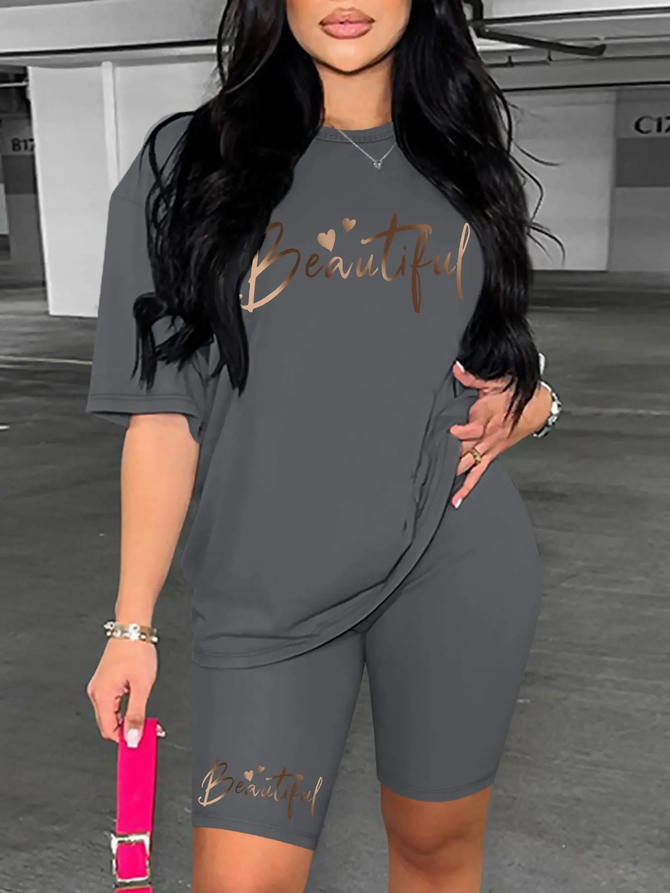 Two-piece Set Women's Letter Print Crew Neck Tee & Skinny Shorts, Casual Fashion Cozy Round Neck Short Sleeve T-shirt & Shorts for Daily Outdoor Wear, Ladies Lounge Summer Clothes