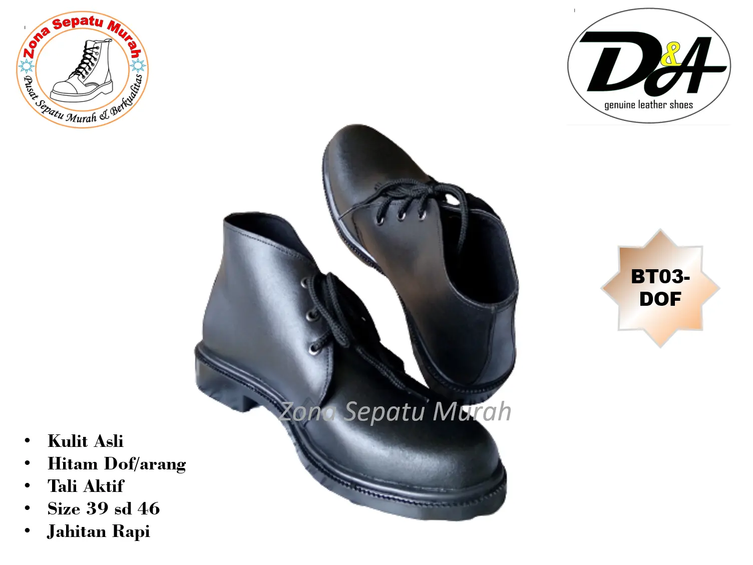 Sepatu PDH kulit asli BT03 Boots Hitam standar TNI Polri Karet Guru