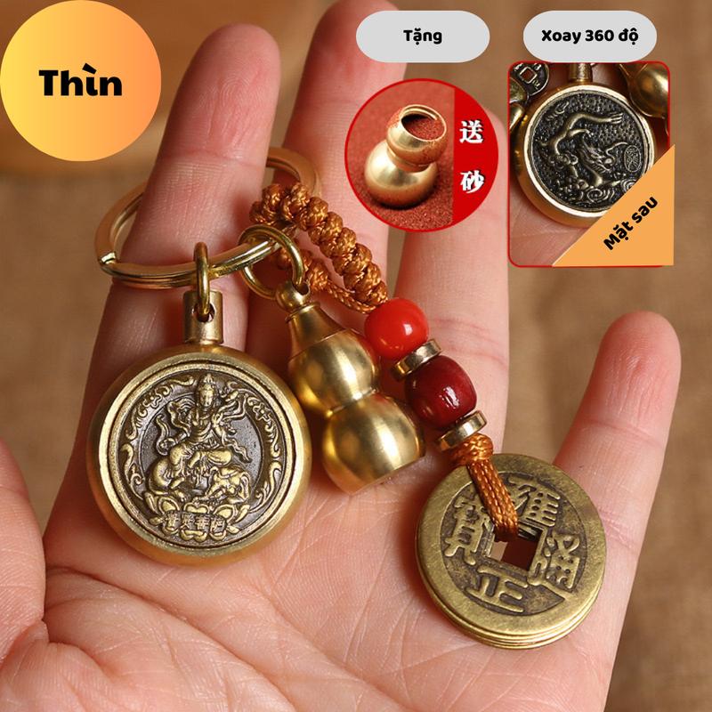 Móc khoá Đồng Thau hai mặt 12 con giáp 8 mặt Phật, tặng bình hồ lô, dây 5 Đồng xu, ( cát chu sa và bình hồ lô) Móc Chìa Khoá Móc Khóa Bản mệnh 12 con giáp Nam Nữ móc  khóa 1
