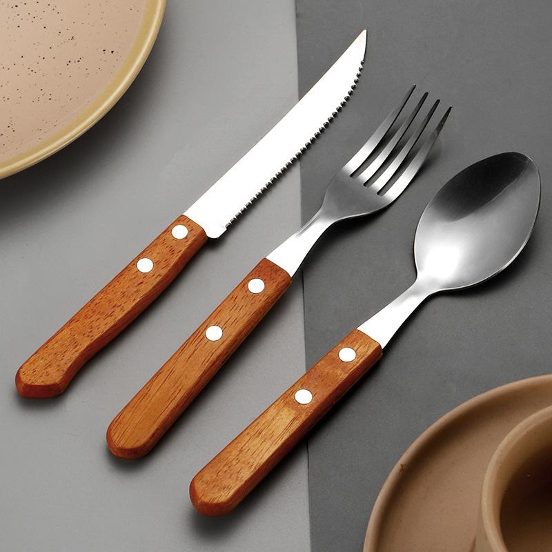 Stainless Steel Clip Handle Tableware Knife, Fork and Spoon Three-Piece Hotel Steak Knife and Fork Knife, Fork and Spoon New Creative Wooden Handle Steak Knife and Fork 0