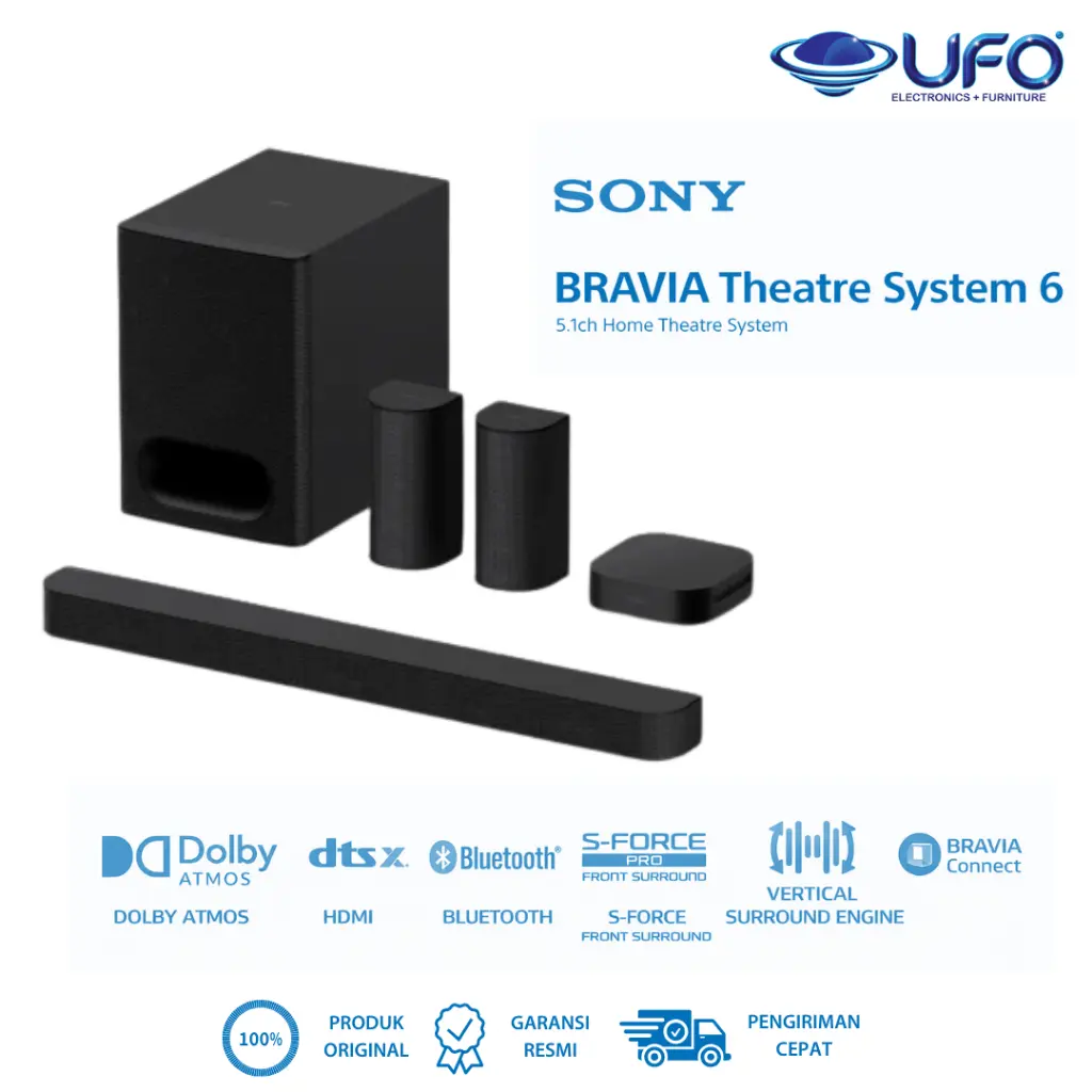 Sony BRAVIA Theatre System 6 | 5.1ch Home Theatre System | 1000 W total power output | Dolby Atmos/DTS:X HT-S60