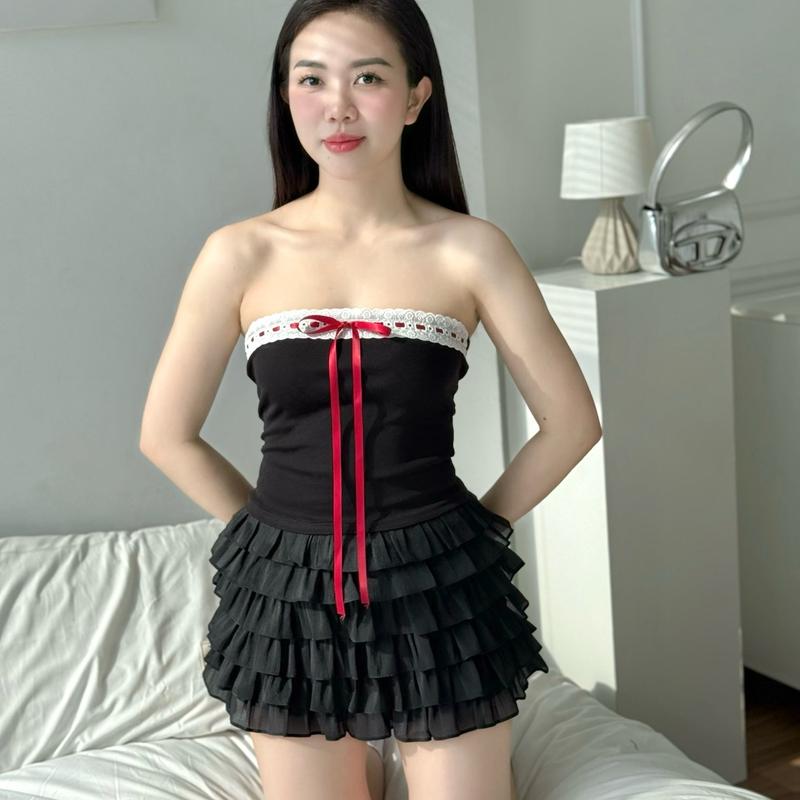 Mollis Top - Áo ống Croptop ôm body viền ren kèm dây ruy băng 5