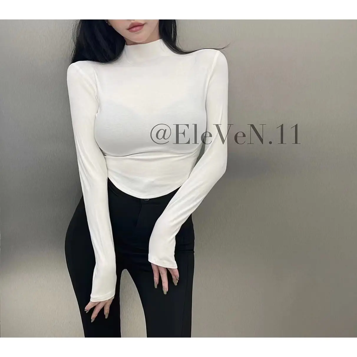 Áo Phông, Cô Gái Nóng Bỏng Thuần Khiết, Ngắn Và Bó Sát, Thiết Kế Cổ lọ thấp Gợi Cảm, Tay Áo Dài, Thích Hợp Cho Mùa Xuân Và Mùa Thu Của Phụ Nữ, Đồ Lót, Áo Mỏng, Áo Sơ Mi Lớp Nền