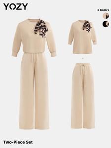 YOZY Women's Solid Color Tie Front Round Neck Top & Wide Leg Pants Two-piece Set, Casual Fashion Cozy Two Piece Outfits for Daily Outdoor Wear, Ladies Clothes for All Seasons