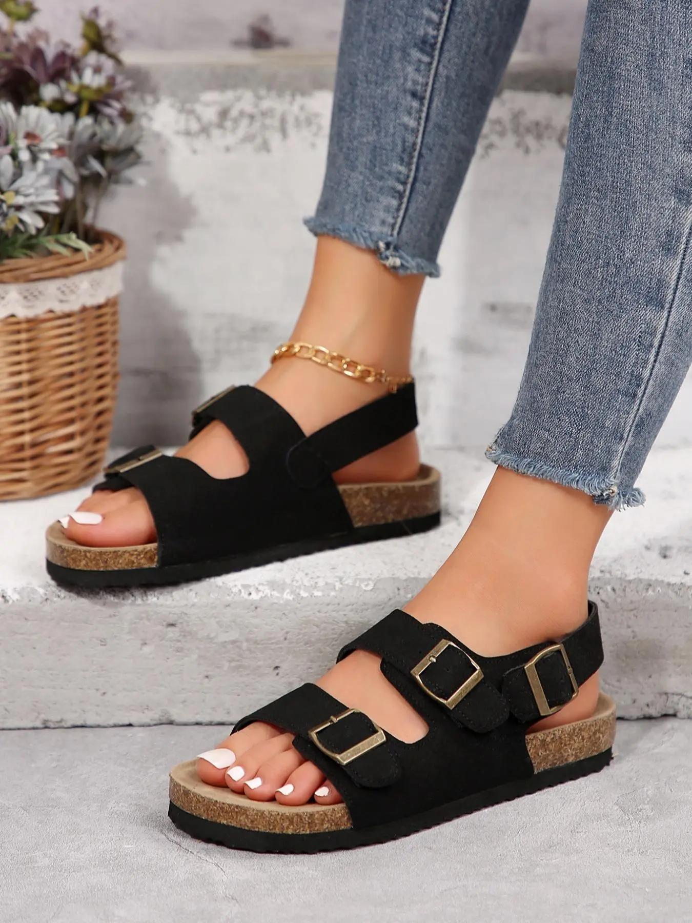 Women's Fashionable Plain Color Buckle Decorated Sandals, Casual Comfortable Slingback Sandals for Summer, Female All-match Round Toe Shoes for Daily Wear, Girl