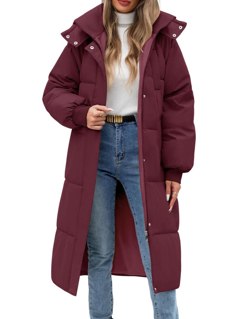 Product Introduction of Women's Solid Button Front Zipper  Hooded Longline Quilted Jacket, Casual Long Sleeve Pocket Design Outerwear for Fall & Winter, Women's Clothing for Daily Wear 7