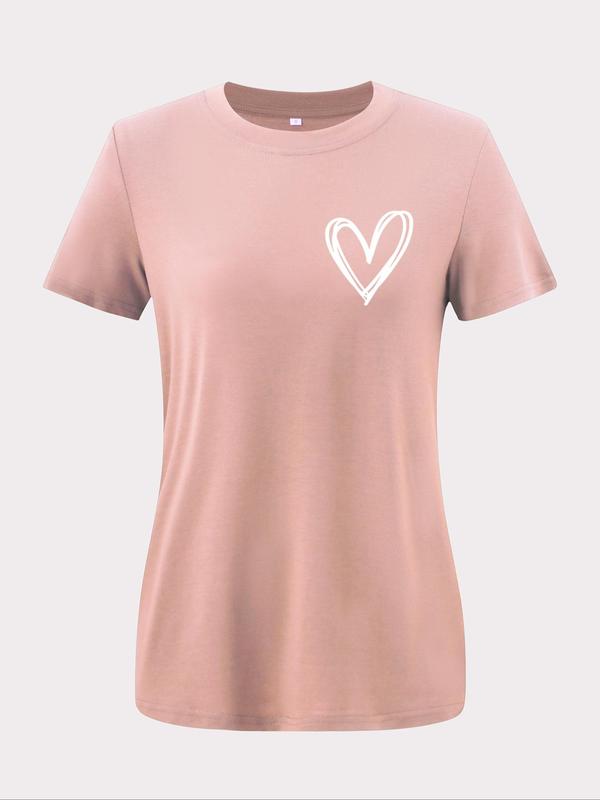 Women's Heart Print Round Neck Basic Tee, Casual Short Sleeve Crew Neck T-shirt for Summer, Fashion Women's Top for Daily Wear 4