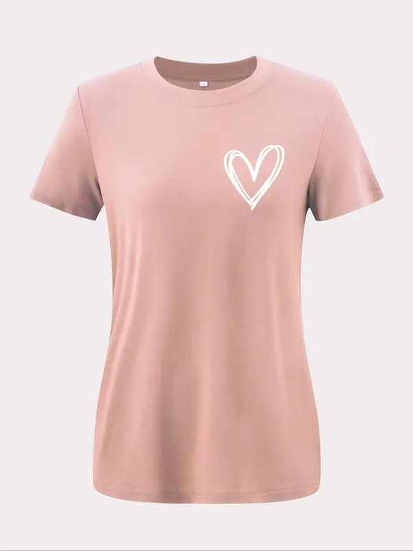 Women's Heart Print Round Neck Basic Tee, Casual Short Sleeve Crew Neck T-shirt for Summer, Fashion Women's Top for Daily Wear 4