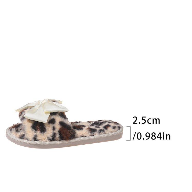 Product Introduction of Fluffy Leopard Bowknot Slippers Women's Autumn and Winter Flat Home Floor Slippers Open Toe Cotton Slippers Women's Flat-Heeled Slippers Rubber Suede 26