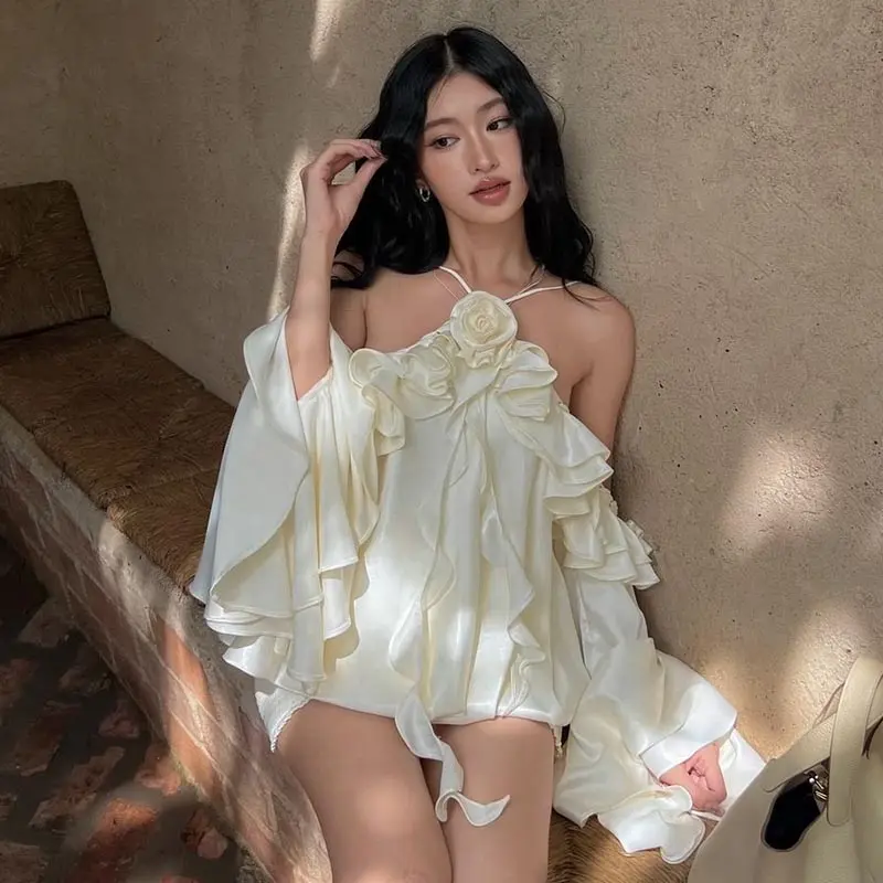 Đầm Mini Cổ Yếm Dành Cho Phụ Nữ, Tay Áo Dài, Hở Lưng, Hoa 3D, Màu Trơn Váy Dự Tiệc Khói Women Kem Dress Khuy Trắng