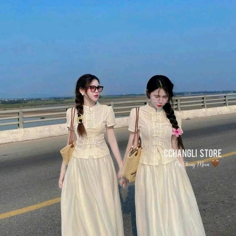 Set áo cổ tàu thun gân sóng kèm chân váy voan chingfong có lót phong cách Trung Hoa