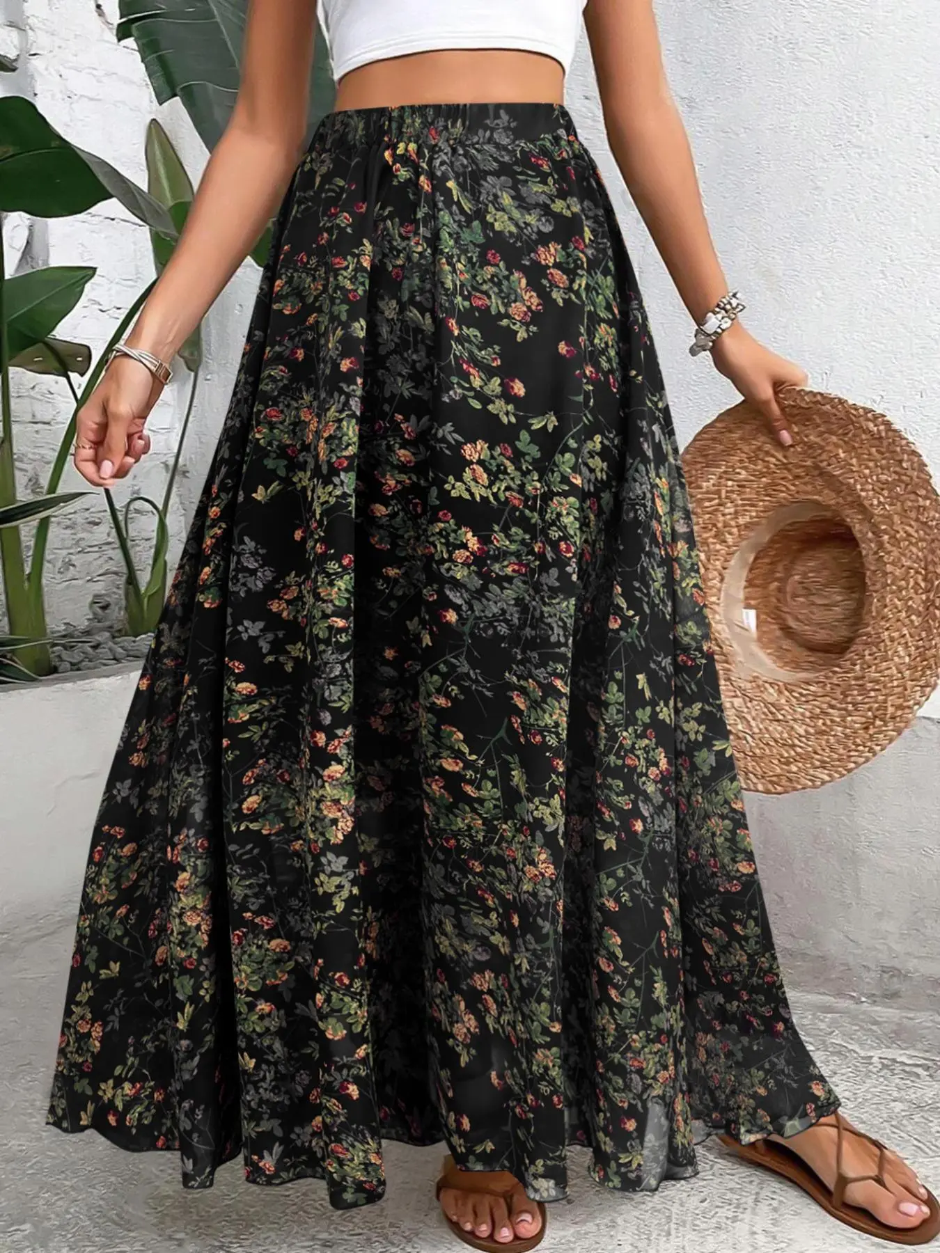 Women's Floral Print Skirt, Elegant Boho Style Long Skirt for Beach Holiday Vacation, Ladies Bottoms for All Seasons