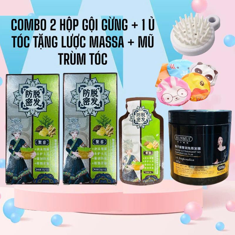   COMBO DƯỠNG TÓC  2 HỘP GỘI GỪNG HỔ TRỢ KÍCH THÍCH MỌC TÓC + 1 HỦ Ủ DƯỠNG PHỤC HỒI TÓC HƯ TỔN 500ML TẶNG KÈM MŨ TRÙM TÓC VÀ LƯỢC MASSA TÓC 