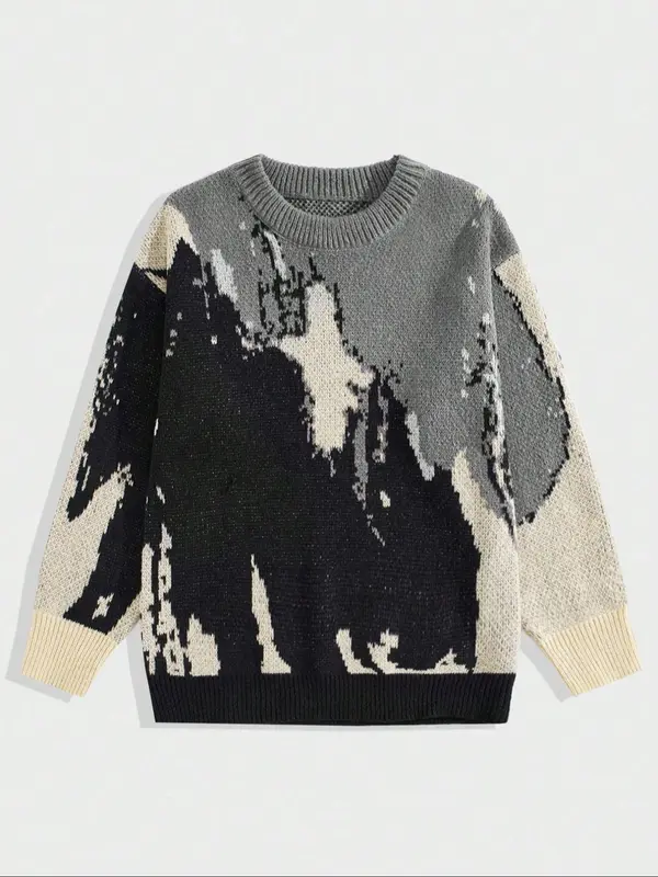 Men's Colorblock Drop Shoulder Sweater, Regular Fit Casual Long Sleeve Round Neck Jumper for Fall & Winter, Fashion Men's Knitwear for Daily Wear 1
