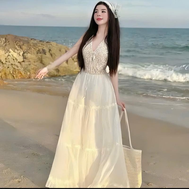 Đầm váy nữ ren thiết kế cổ V cột dây nơ phối váy voan tơ xòe xinh xắn tông dáng cho các nàng diện đi ,chơi biển.women top. 4