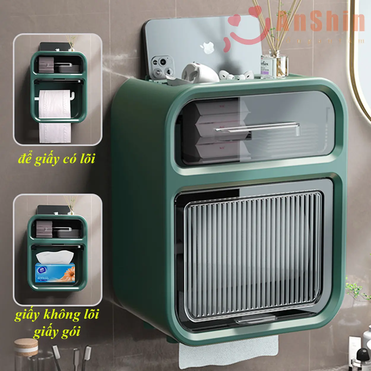 Hộp đựng giấy vệ sinh dán tường chống thấm nước 2 ngăn hình vuông