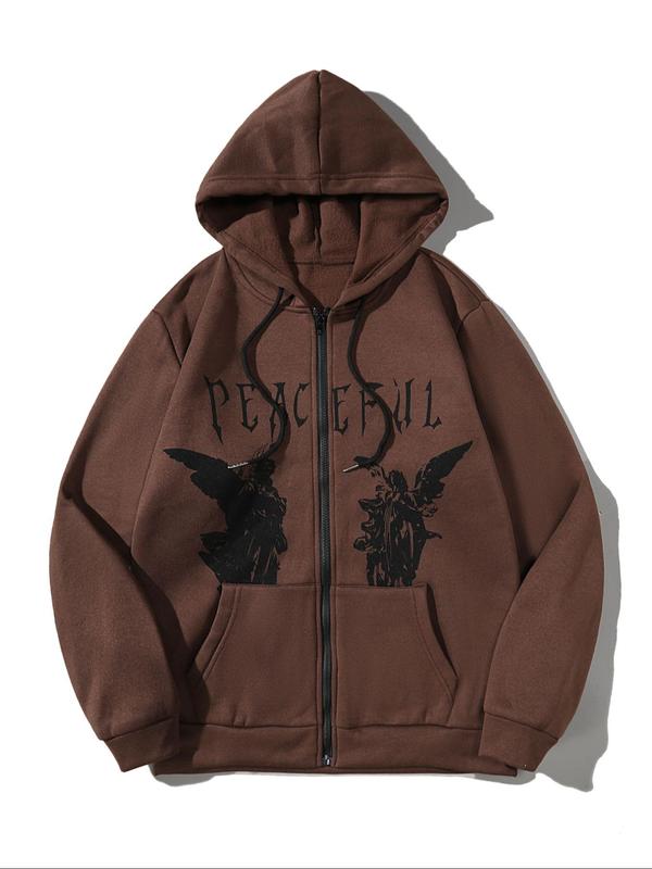 Unisex Men's Angel Print Zip Up Warm Hoodie, Casual Drawstring Pocket Hooded Sweatshirt for Fall & Winter, Essential Hoodie, Going Out Outfits 0