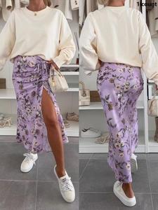 Women's Floral Print Drawstring Split Thigh Skirt, Elegant Fashion Casual Midi Skirt for Daily Outdoor Wear, Ladies Bottoms for All Seasons