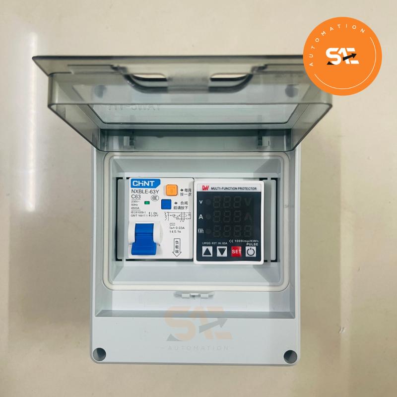 Tủ điện 2P-63A chống giật, chống chập, chống quá tải, bảo vệ điện cao áp, thấp áp, hiển thị volt, ampe, số điện (kwH) dành cho gia đình
