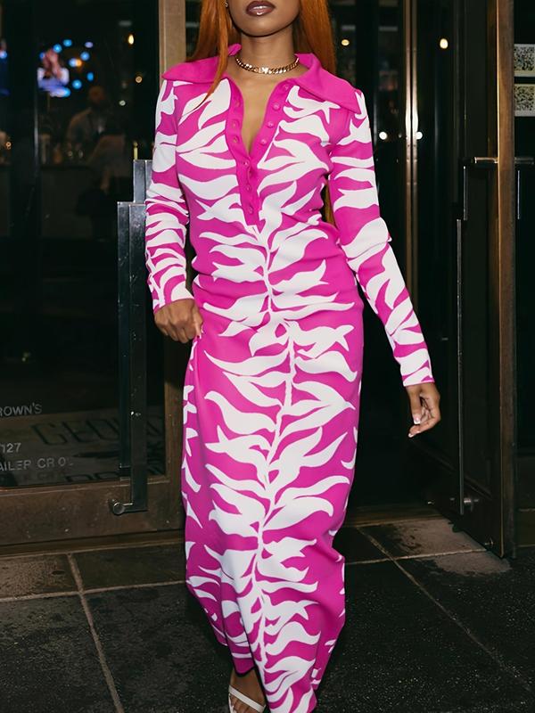 Women's All Over Print Button Front Bodycon Dress, Casual Long Sleeve Collared Maxi Dress for Party Club Dating Wear, Ladies Clothes for All Seasons 2
