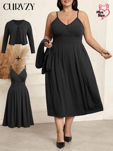 CURVZY Plus Size Two-Piece Set Solid Button Front Outwear & Pocket Cami Dress, Elegant Fashion Casual Outfits for Daily Outdoor Wear, Women Clothing for Fall