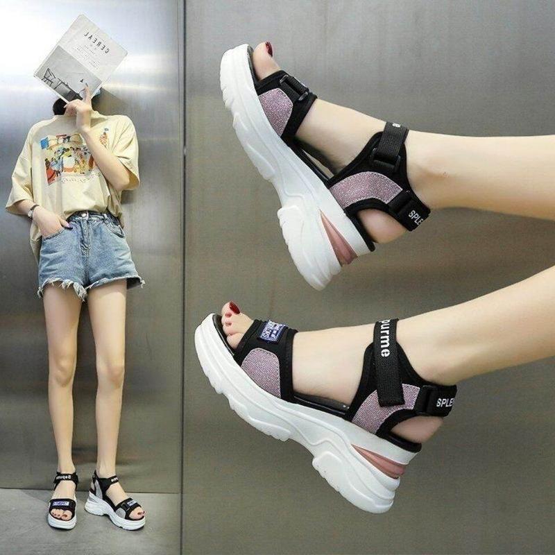 COD increase 8Cm Korean Breathable Sandals Slipper for Women Sports Sandals Women's Summer New All-Match Net Red Sponge Cake Thick Bottom Wedge Heel Flat Student Soft Bottom Beach Shoes 8
